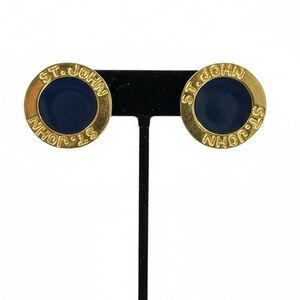 Vintage St. John Black Enamel Gold Tone Logo Clip-On Earrings Designer 80s